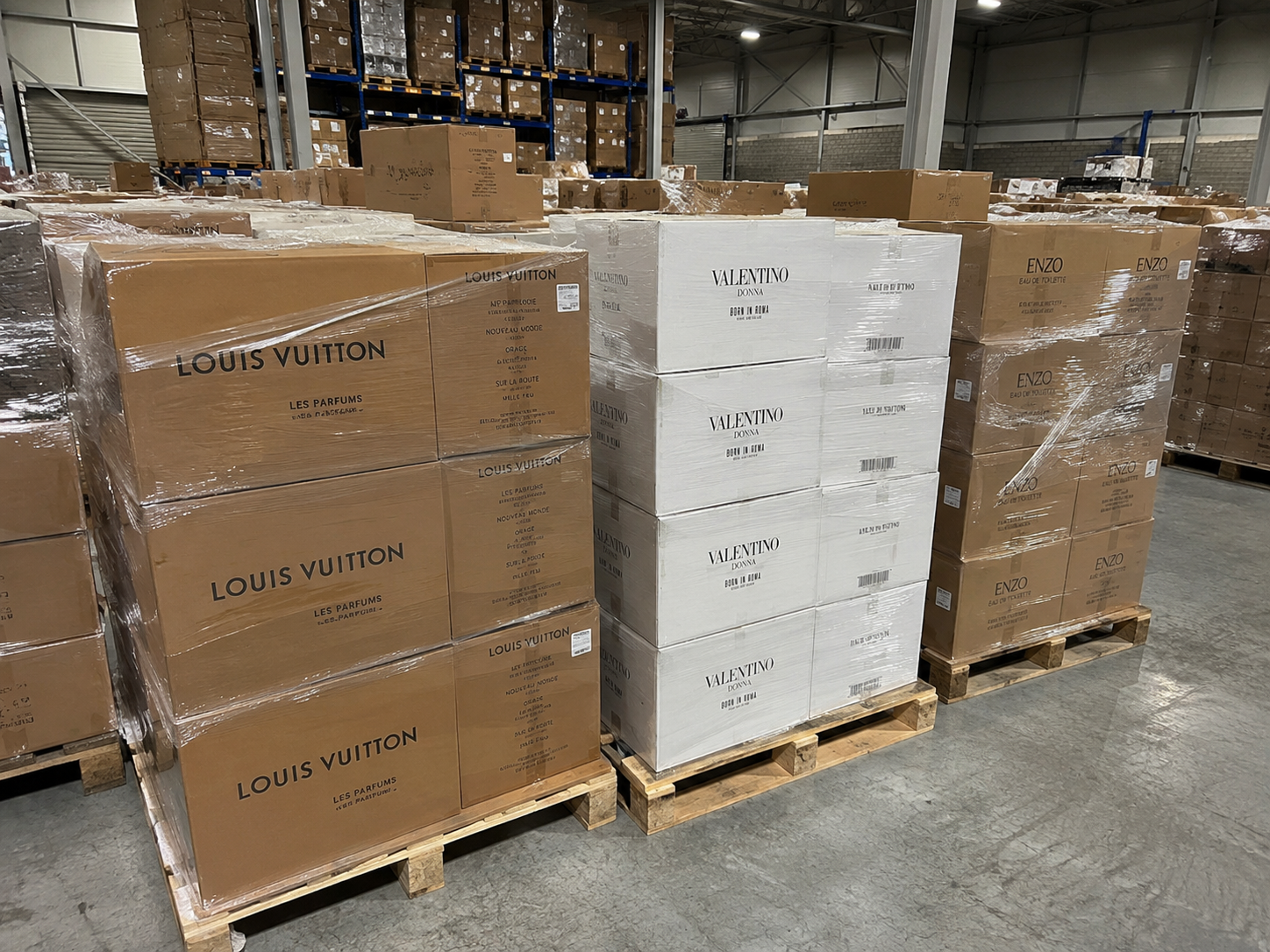 Louis Vuitton, Valentino and Armani pallets in bonded warehouse